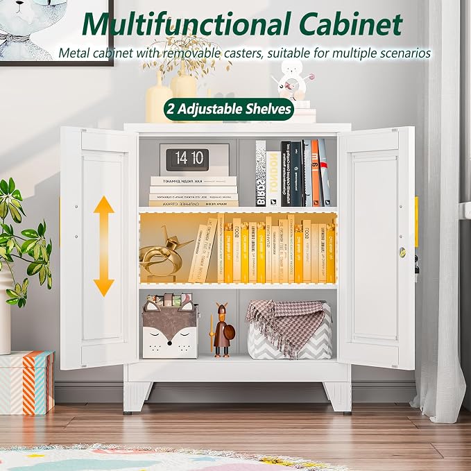 winiowa Tall Metal Storage Cabinet with Lock, Locking File Cabinet with 2 Doors and 2 Adjustable Shelves, White Lockable Organizer for Home Office Garage（27.6" W）