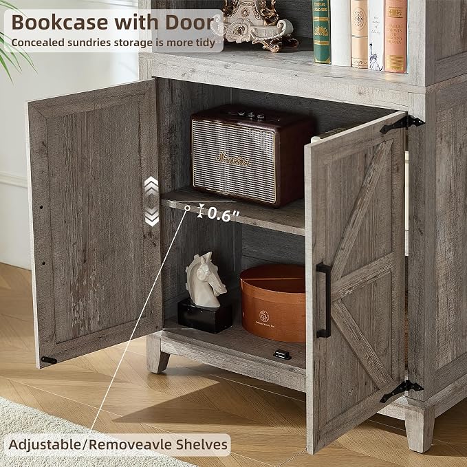 Joaxswe 70in Tall Bookshelf 5 Tier Bookcase with Barn Doors and Adjustable Shelves, Grey Farmhouse Book Shelf with Storage Cabinet, Wood Freestanding Display Bookshelves for Bedroom, Living Room