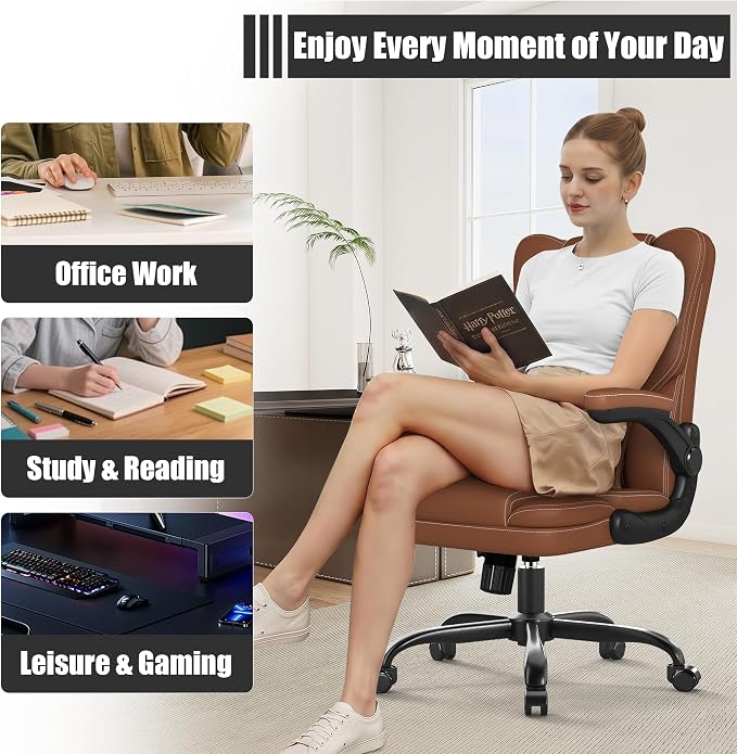 Ergonomic Office Chair with Flip-Up Armrests, Mid Back Executive PU Leather Desk Chair, Height Adjustable with Lumbar Support, Rocking & Swivel Computer Chair for Home Office