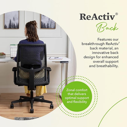 HON Ignition 2.0 ReActiv Ergonomic Office Chair, Mesh Desk Chair with Lumbar Support, Synchro‑Tilt Recline, Height and Width Adjustable Arms, Swivel Wheels, Black Frame, Nimbus