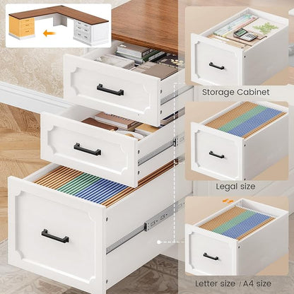 SEDETA Farmhouse 78.8" L Shaped Desk with 6 Drawers, Home Office Desk with Power Outlet, File Cabinet Storage, Wood Corner Computer Desk for Work and Study, White+Brown
