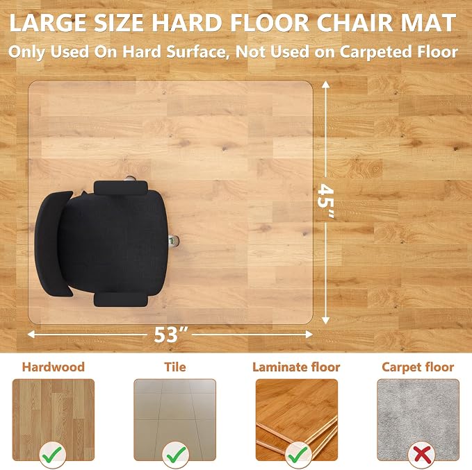 Office Chair Mat, 45" x 53" Vinyl Desk Chair Mat Clear Floor Protector Mat for Hardwood Floor/Rolling Chair Office & Home, Easy Glide and Flat Without Curling