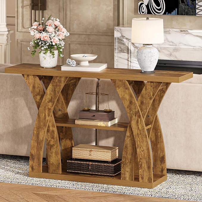 55 inch Sofa Table Behind Couch, 3-Tier Narrow Entryway Table with Storage, Wood Grain X-Shaped Console Tables for Living Room, Hallway, Foyer, Home Office