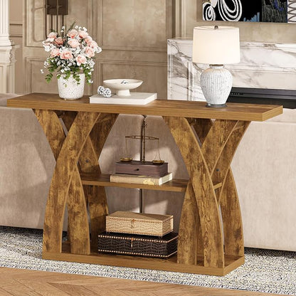 55 inch Sofa Table Behind Couch, 3-Tier Narrow Entryway Table with Storage, Wood Grain X-Shaped Console Tables for Living Room, Hallway, Foyer, Home Office