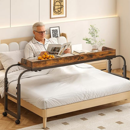 Winkalon Overbed Table with Wheels and Height Adjustable, Queen/Full Size Bed Table with Outlets & USB Ports, Mobile Laptop Cart Computer Desk with LED Light for Home Office (Rustic Brown)