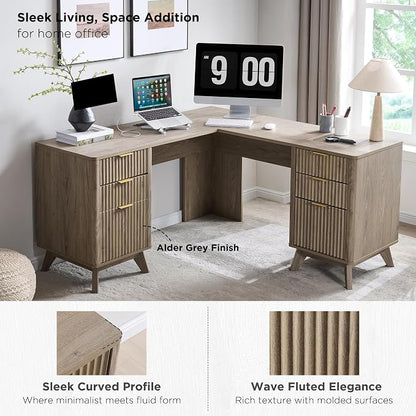 T4TREAM 60'' Fluted Executive L Shaped Desk, Modern Home Office Desk with Charging Station and File Drawer, Computer Corner Desks with Drawers & Storage Cabinet for Office Home, Bedroom, Alder Grey