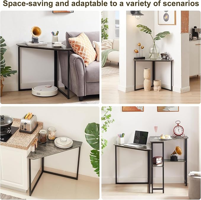VECELO Corner Desk,Office Tables for Living Room for Small Space Triangle Computer Desk with Steel Frame Corner Shelves with Metal Frame Writing Desk for Workstation Classic Grey 33.1"