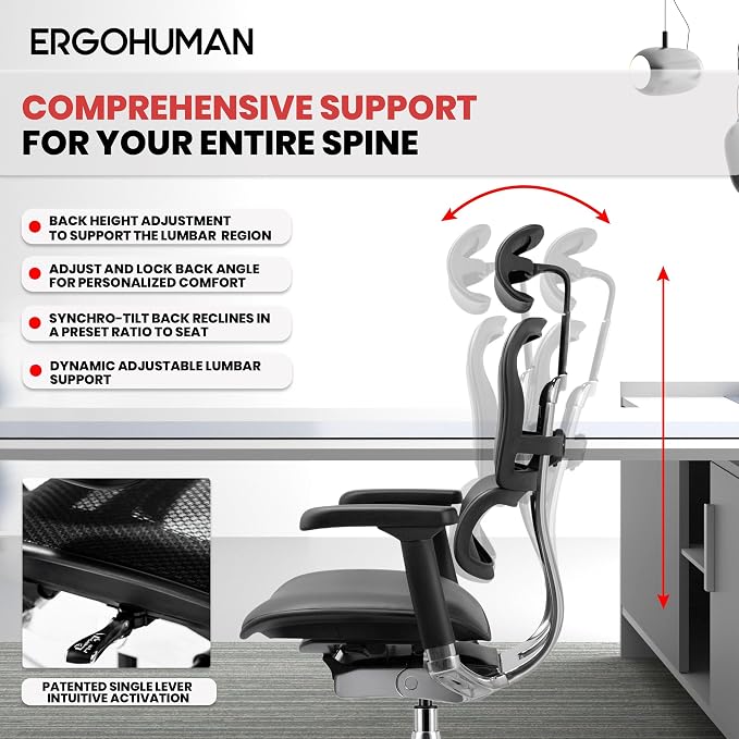 Ergohuman Eurotech LE9ERG Executive High Back Leather Swivel Chair - Office Chair with Tilt Tension Control, Tilt Lock, Back Angle & Height, Synchro Tilt, Seat Height & Depth, & Arm Height Adjustments