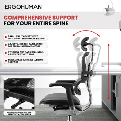 Ergohuman Eurotech LE9ERG Executive High Back Leather Swivel Chair - Office Chair with Tilt Tension Control, Tilt Lock, Back Angle & Height, Synchro Tilt, Seat Height & Depth, & Arm Height Adjustments