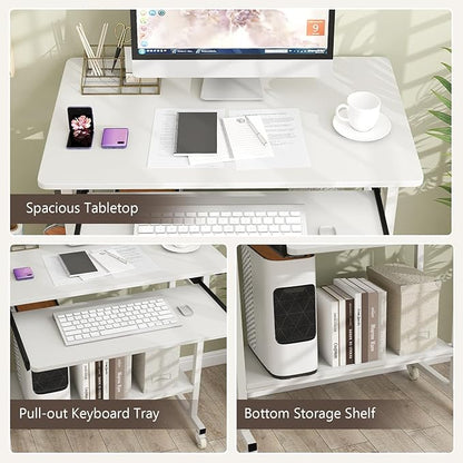 Tangkula Rolling Computer Desk Cart with Keyboard Tray, Mobile Portable Laptop PC Desk with CPU Stand & 3 Hooks for Sofa & Bed, Compact Small Desk on Wheels for Small Spaces (White)