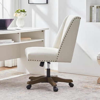 Zihanhome Armless Upholstered Office Chair with Wooden Legs, Modern Criss Cross Adjustable Home Office Desk Chair No Arms Sewing Chair Swivel Chair for Women Farmhouse Study Studio (Beige)