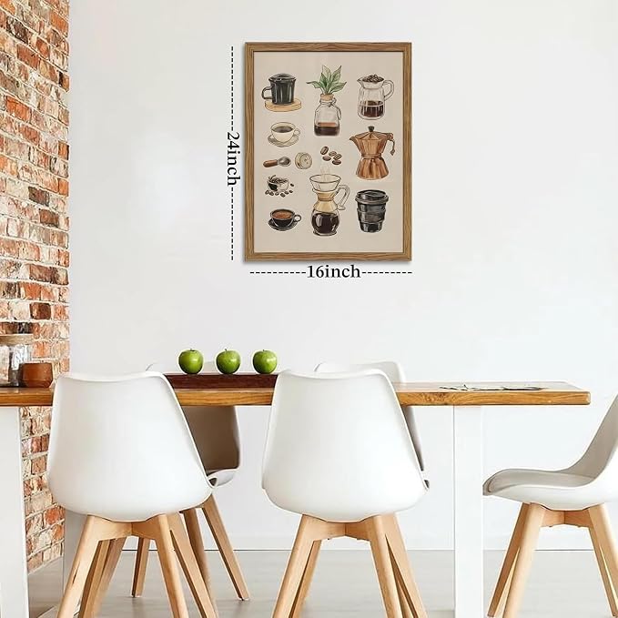Framed Vintage Coffee Canvas Wall Art, Funky Espresso Coffee Tools Poster Prints, Modern Farmhouse Aesthetic Painting, Retro Kitchen Cafe Living Room Wall Decor for Coffee Lovers, 16x24in
