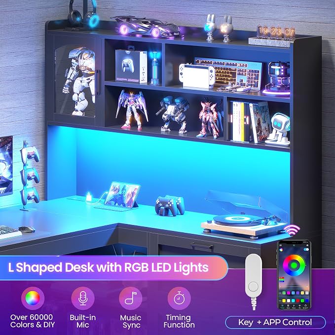 SEDETA Farmhouse L Shaped Gaming Desk, 61” Corner Computer Desk with Storage Drawers and Power Outlet, Corner Gaming Desk with LED Light and Bookshelf Shelves for Home Office, Black