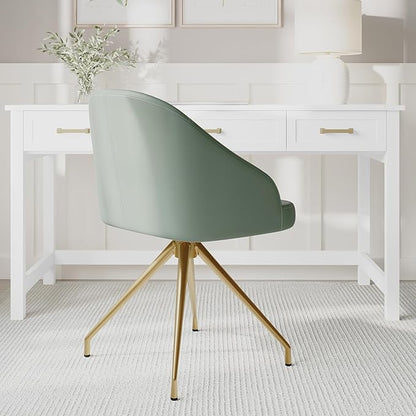 Martha Stewart Sora Stationary Swivel Task Chair with Sloped Arms for Home Office in Sage Faux Leather with Polished Brass Frame