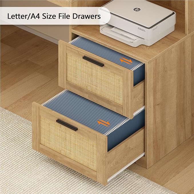 TVU Farmhouse L Shaped Desk with Drawers, 62.2" Home Office Desk with Storage Shelves and Power Outlet, L Shaped Computer Desk with Monitor Stand and Printer Shelf, Oak/Rattan