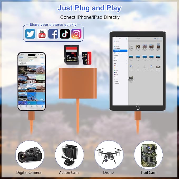 SD Card Reader for iPhone, Memory Card Reader with USB-C to Light-ning Adapter Plug and Play Trail Game Camera Micro SD Card Viewer Support SD/TF Card and USB for iPad No App Required (Terracotta)