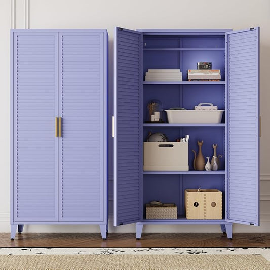 61" Tall Metal Pantry Cabinet with Lock and 3 Adjustable Shelves,Freestanding Heavy Duty steel Storage Locker,Purple Metal Cabinets for Kitchen,Living Room,Laundry,Garage,61" H X 27.6" W X 13.8" D
