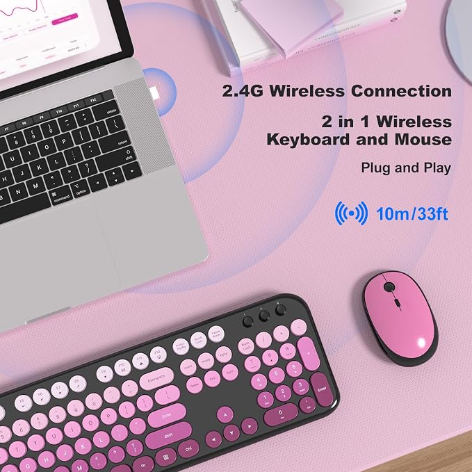 Dilter Wireless Keyboard and Mouse Combo, 104 Keys Full Size Typewriter Keyboards, 2.4G USB Plug and Play for Windows 7 8 10 11, PC, Laptop, Desktop, Black & Pink