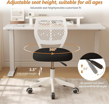 Armless Desk Chair Swivel Office Rolling Chair with Soft Padded Cushion, Height Adjustable Small Task Chair, Ergonomic Study Computer Chair for Kids Girls Boys Teens (Black White, 2PCS)