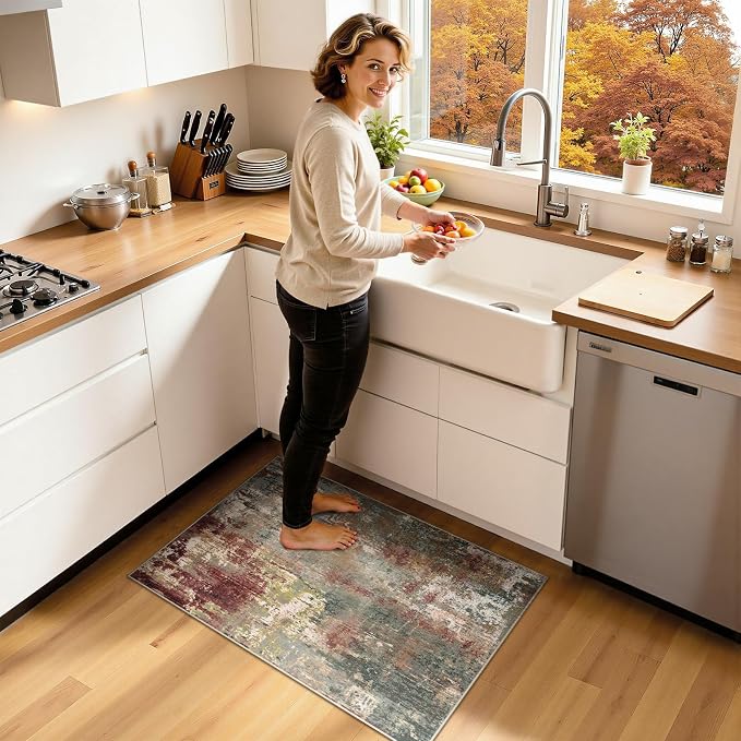 RELEANY Washable Area Rugs 2'x3' Non-Slip Modern Abstract Soft for Living Room Entryway Bedroom Kitchen, Print Pattern, Brown Rust Red Green Blue Multi