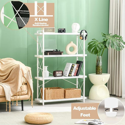 HCHQHS Bookshelf, 4-Tier Industrial Bookcase, White Open Book Shelf, Freestanding Tall Bookshelves with Metal Frame