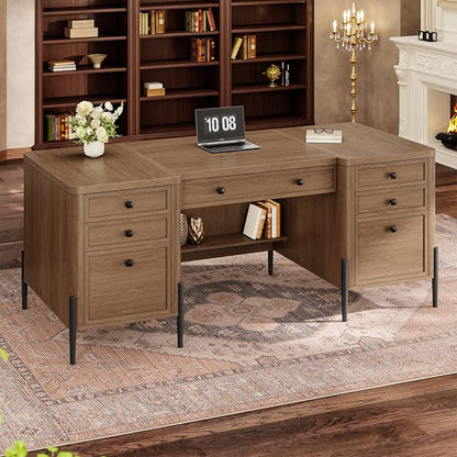 63" Executive Desk with 5 Drawers, Farmhouse Home Office Desks with 2 Storage Cabinet and Keyboard Tray, Large Boss Desk with Privacy Panel, Modern Table with Open Shelf and File Drawer