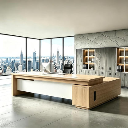 L Shaped Executive Desk with Drawers, Modern Large Wood Home Office Desk, Computer Desk with Storage for Boss Office Workstation