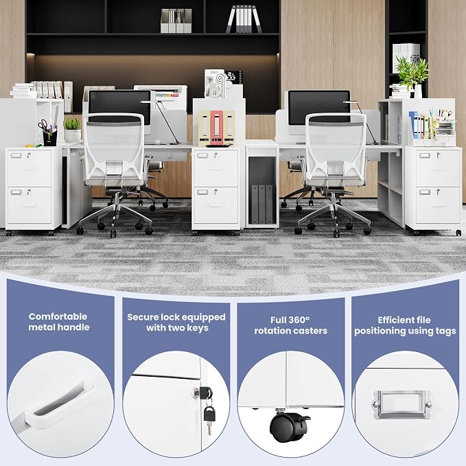 2-Drawer Rolling File Cabinet with Lock, Mobile Vertical File Cabinet for Hanging A4/Letter/Legal Size Folder, Under Desk Small Filing Cabinets for Home Office, Assembly Required,White