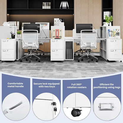 2-Drawer Rolling File Cabinet with Lock, Mobile Vertical File Cabinet for Hanging A4/Letter/Legal Size Folder, Under Desk Small Filing Cabinets for Home Office, Assembly Required,White
