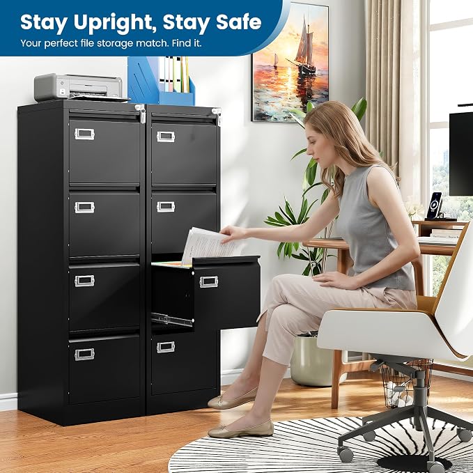 PEUKC 4 Drawer File Cabinet, Vertical Filing Cabinets with Lock, Metal File Cabinets for Home Office, Anti-Tip 4 Storage Drawers for Letter/Legal/A4/F4 Size (Assemble Required, Black)