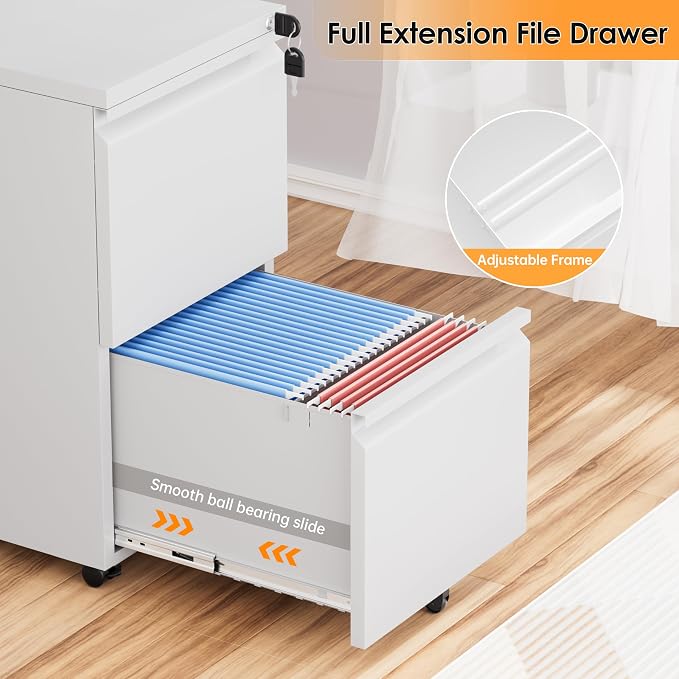 INTERGREAT 2 Drawer File Cabinet with Wheels, Metal Filling Cabinet with Lock, Locking Office Mobile Cabinet with Wheels for Legal/Letter Size, Under Desk, Easy Assemble, White