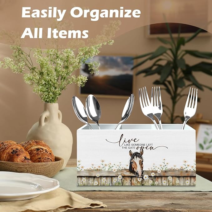 DILSJ Inspirational Horse Pen Pencil Holder Organizer for Desk, Horse Gifts for Women, Live Like Someone Left The Gate Open Wooden Box Signs for Home Office Desk Tabletop Decoration