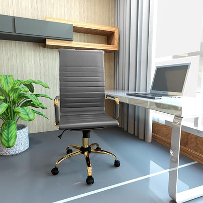 LeisureMod Harris High-Back Task Office Chair - Modern Leather Upholstery with Gold Frame, Ribbed Design 360 Degree Adjustable Swivel for Home, Office, and Study Room
