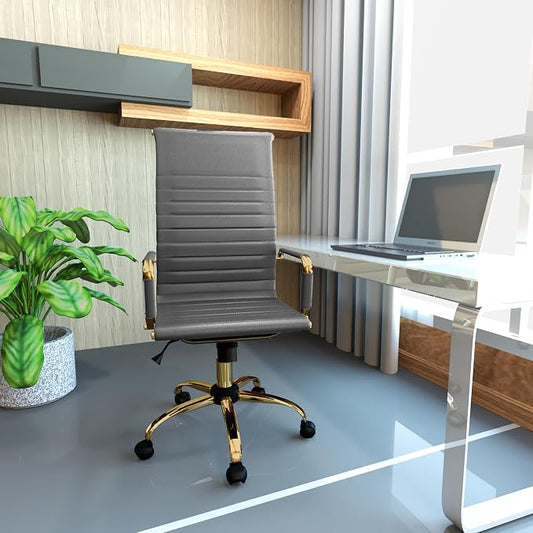 LeisureMod Harris High-Back Task Office Chair - Modern Leather Upholstery with Gold Frame, Ribbed Design 360 Degree Adjustable Swivel for Home, Office, and Study Room