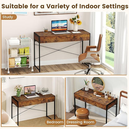 GOFLAME 44 Inch Computer Desk with 2 Drawers, Home Office Desk with Metal Frame, Small Study Writing Workstation with Storage, PC Laptop Table for Living Room, Bedroom, Study, Rustic Brown
