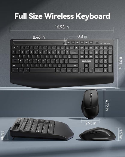 TECKNET Wireless Keyboard and Mouse Combo, Full Size Ergonomic Keyboard and Mouse with Wrist Rest & Phone Tablet Holder, Sleep Mode, 2.4G Lag-Free Cordless Silent Computer Mouse for Laptop PC Windows