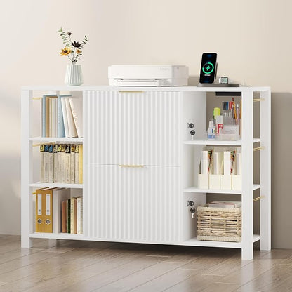 Filing Cabinet for Home Office, Fluted Wood File Cabinet with 2 Drawers Fit Letter/Legal/A4 Folders with Tabs, 43.3" W Printer Stand with Lock & 2 Power Outlets, 6 Storage Shelves (1, White)