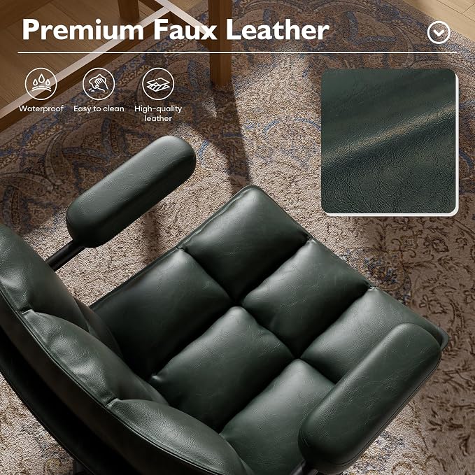 Ollega Mid Century Modern Desk Chair, Vintage Leather Office Chair, Green | Petite Computer Chair for Small to Medium Women, Thickened Back, Cozy Seat, Adjustable Height for Home