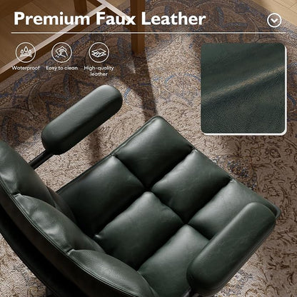Ollega Mid Century Modern Desk Chair, Vintage Leather Office Chair, Green | Petite Computer Chair for Small to Medium Women, Thickened Back, Cozy Seat, Adjustable Height for Home