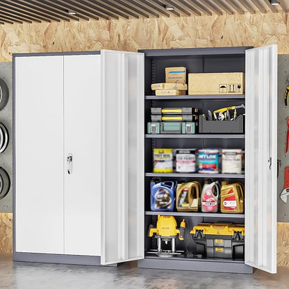 INTERGREAT Metal Storage Cabinet, 72” H Storage Cabinet with 2 Doors and 4 Adjustable Shelves for Office, Home, Garage, Pantry (Assembly Required, Grey White)