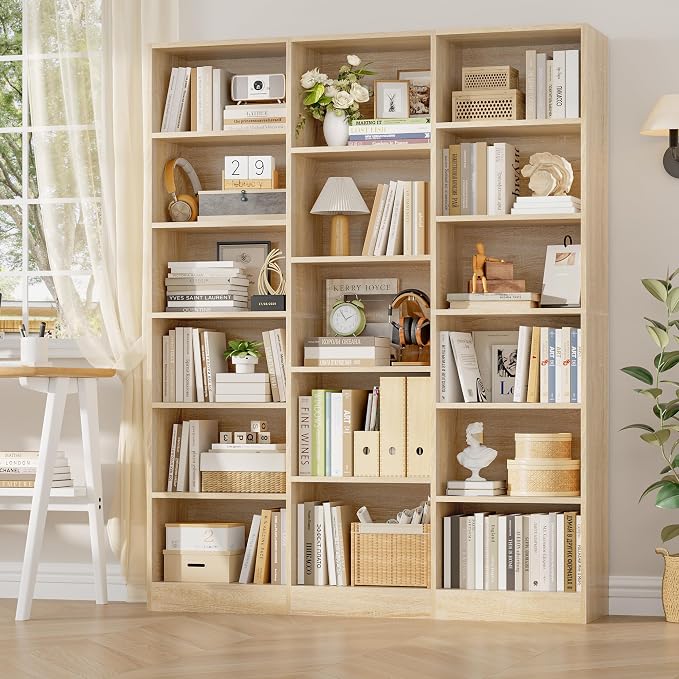 FACBOTALL Triple Wide Bookshelf, 6 Tier Large Bookshelf, Bookcase with 17 Open Display Shelves, 74'' Tall Bookcases and Bookshelves for Living Room, Home Office, Library, Light Oak