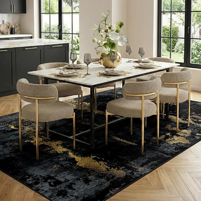 RELEANY Washable Area Rugs 9'x12' Non-Slip Modern Abstract Soft for Living Room Entryway Bedroom Kitchen, Print Pattern, Dark Black Gold