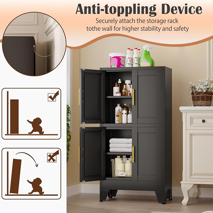 pozdeg Metal Storage Cabinet, 47.2" H Pantry Kitchen Storage Cabinets with 4 Doors and 2 Adjustable Shelves, Versatile Buffet Sideboards Cupboard for Home Office Garage or Gym (Black)