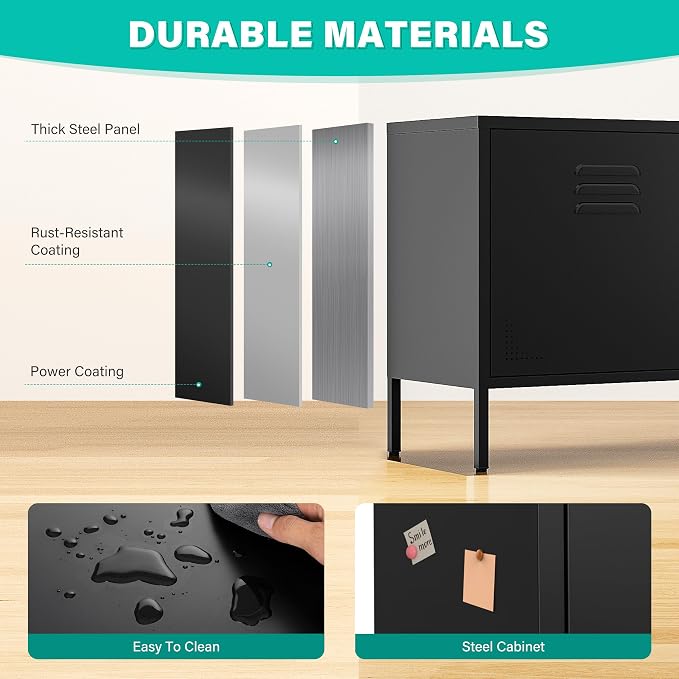 SISESOL Black Metal Storage Cabinet with Doors and Shelves,2 Door Wide Metal Locker Accent Storage Cabinet with Leg & Vent Hole,Wide TV Cabinets,Low Side Cupboard for Home,Office,Dining/Living Room