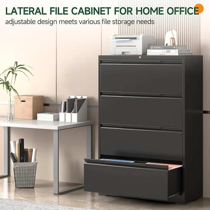 Lateral File Cabinet 4 Drawer, Metal File Cabinet with Lock | Filing Cabinets for Home Office, Black Locking Deep Drawer for Hanging Files Letter/Legal/A4/F4 Size, Assembly Required