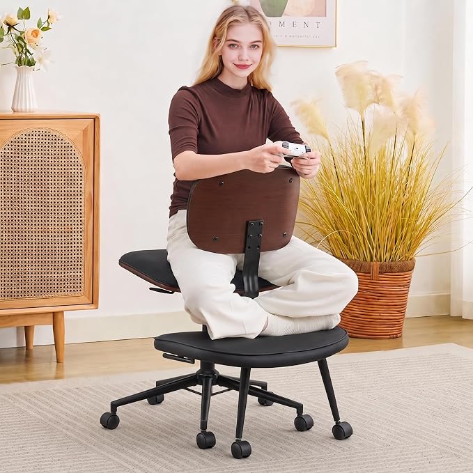 Criss Cross Legged Meditaion Chair,Exquisite Home Office Furniture,Ergonomic Kneeling with Lumbar Support and Adjustable Height Stool,for ADHD Adults,Teddy Fabric (Black