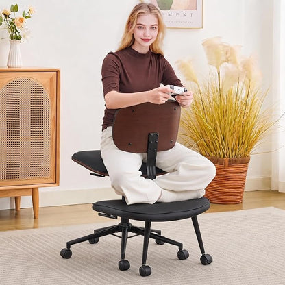 Criss Cross Legged Meditaion Chair,Exquisite Home Office Furniture,Ergonomic Kneeling with Lumbar Support and Adjustable Height Stool,for ADHD Adults,Teddy Fabric (Black