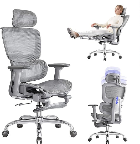 Office Chair with Footrest, Ergonomic Chair with 3D Headrest, Computer Chair with Adjustable Backrest & 3D Armrest, Gaming Chair with Adaptive Lumbar Support, Mesh Backrest & Cushion, Grey