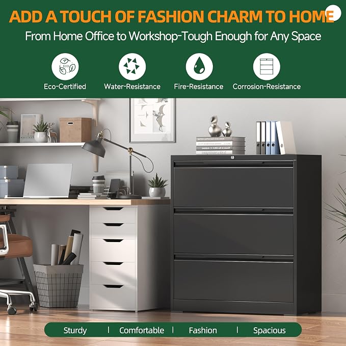 Lateral File Cabinet 3 Drawer, Metal File Cabinet with Lock | Filing Cabinets for Home Office, Black Locking Deep Drawer for Hanging Files Letter/Legal/A4/F4 Size, Assembly Required