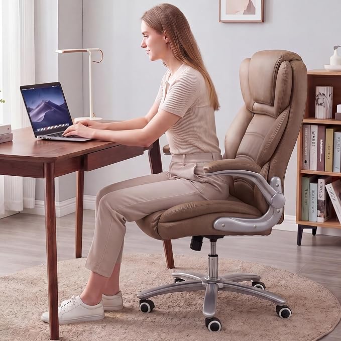 GYI Big and Tall 400lb Office Chair, Leather Executive Desk Chair, Brown | 24"Wide Seat, High Back, Space-Saving Flip-up Arms, Lumbar Support, Heavy Duty Base, Home, Conference Room